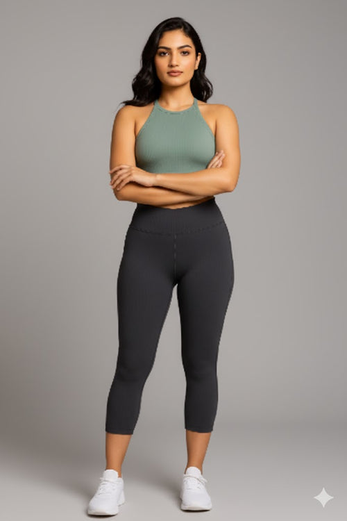 Yellowcrop black capri leggings, front view showing cropped leg length