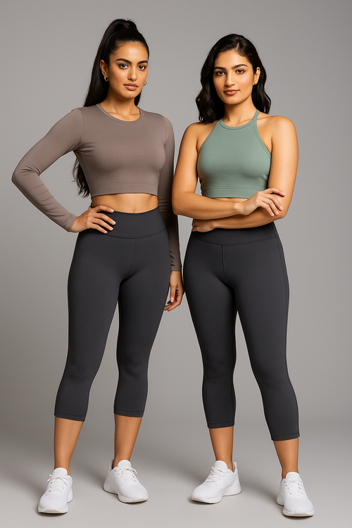 Yellowcrop gray capri leggings, front view showing cropped leg length