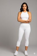 Yellowcrop white capri leggings, front view showing cropped leg length