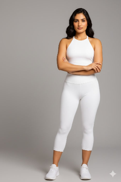Yellowcrop white capri leggings, front view showing cropped leg length