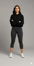 Yellowcrop black crop hoodie, front view showing cropped hem and hood