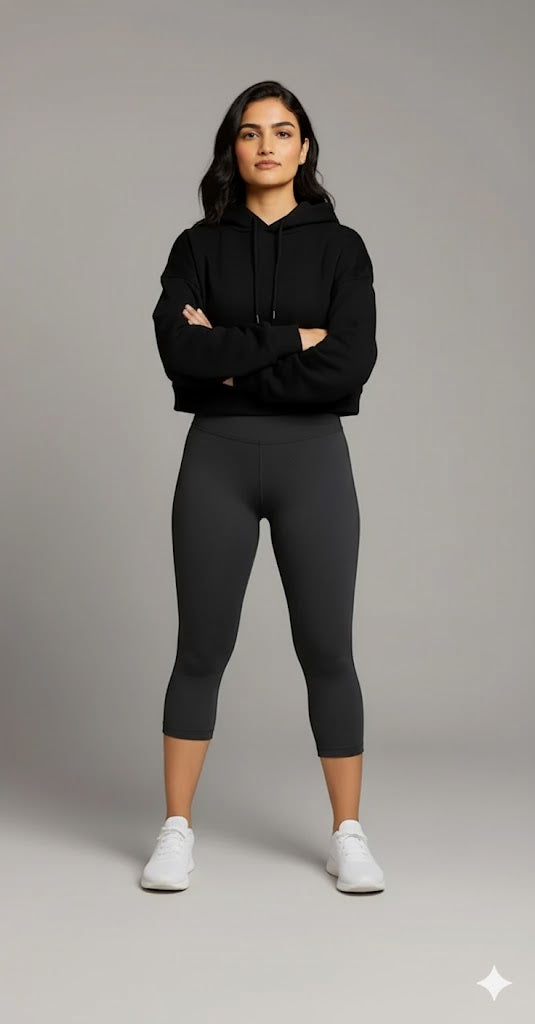 Yellowcrop black crop hoodie, front view showing cropped hem and hood