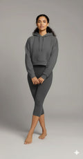 Yellowcrop gray crop hoodie, front view showing cropped hem and hood