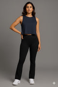 Yellowcrop navy sleeveless crop top, front view on model