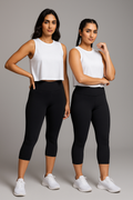 Yellowcrop white sleeveless crop top, front view on model