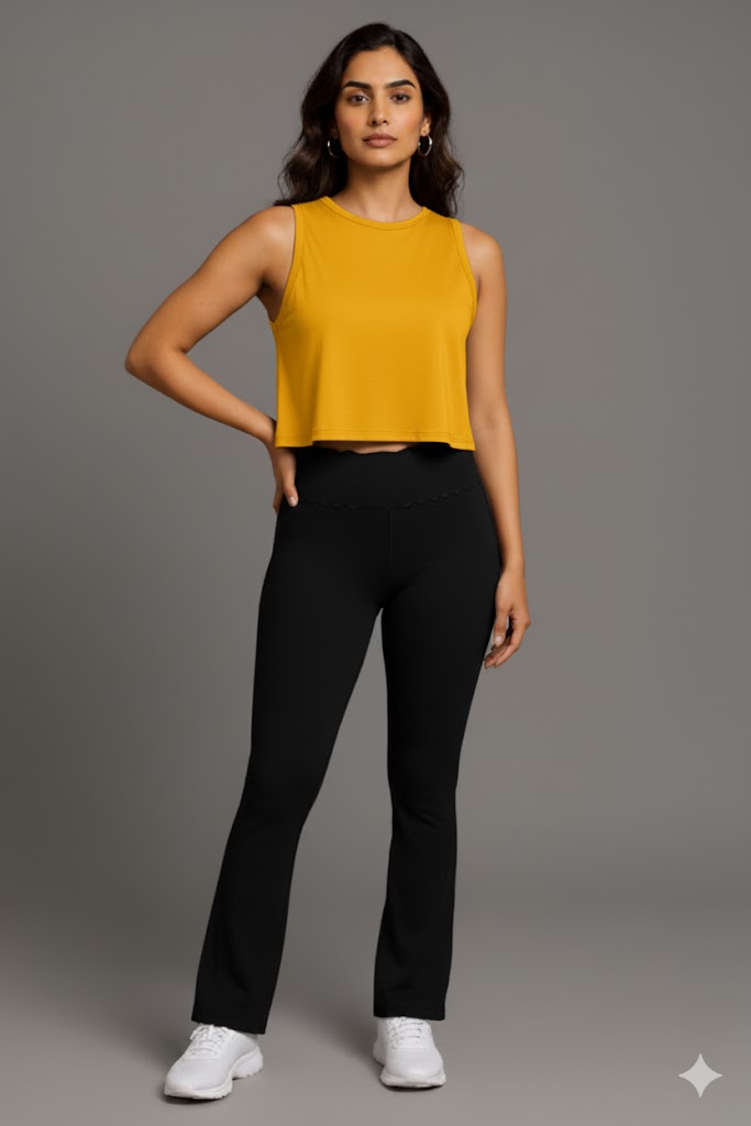Yellowcrop yellow sleeveless crop top, front view on model