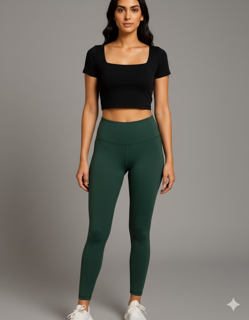 Yellowcrop black square neck crop top, front view on model