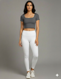 Yellowcrop gray square neck crop top, front view on model