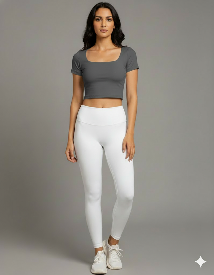 Yellowcrop gray square neck crop top, front view on model
