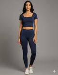 Yellowcrop navy square neck crop top, front view on model