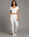 Yellowcrop white square neck crop top, front view on model