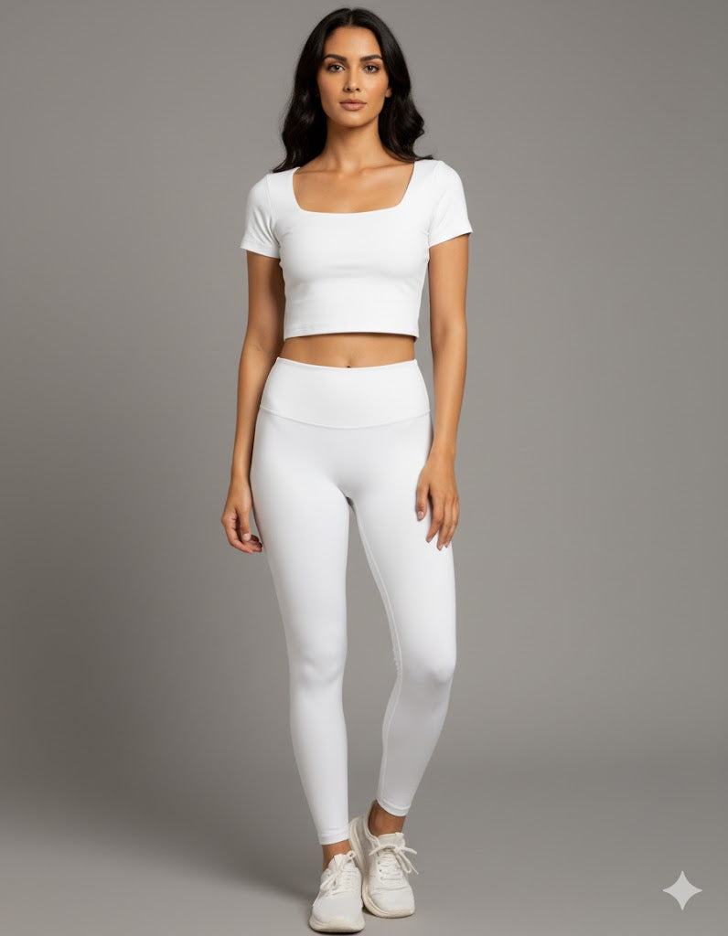 Yellowcrop white square neck crop top, front view on model