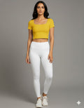 Yellowcrop yellow square neck crop top, front view on model
