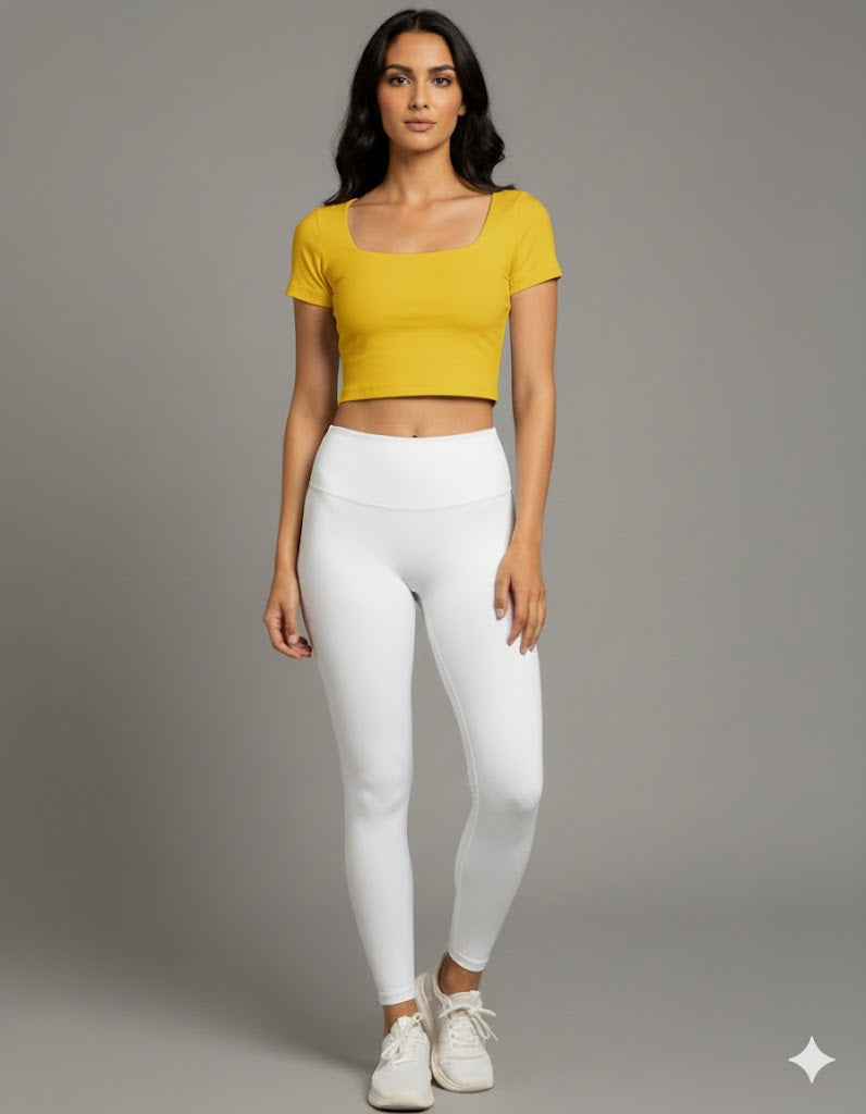 Yellowcrop yellow square neck crop top, front view on model