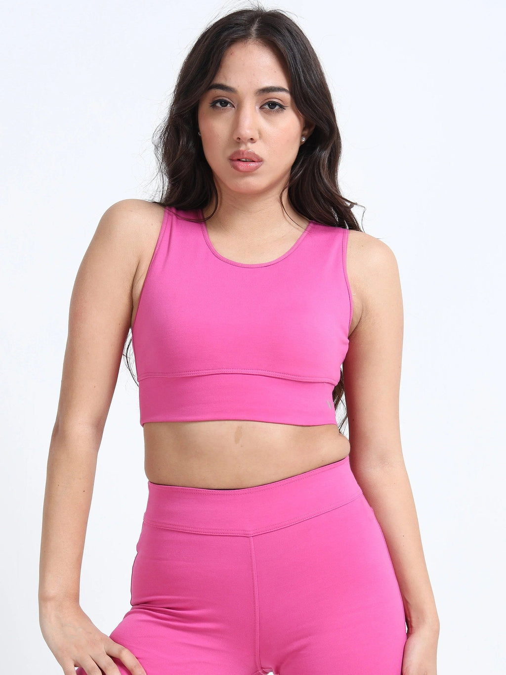 Pink cutout sports bra side view showing cutout back panel