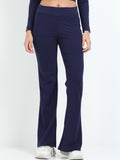 Yellowcrop navy flare pants, front view showing high-rise waistband