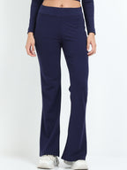 Yellowcrop navy flare pants, front view showing high-rise waistband