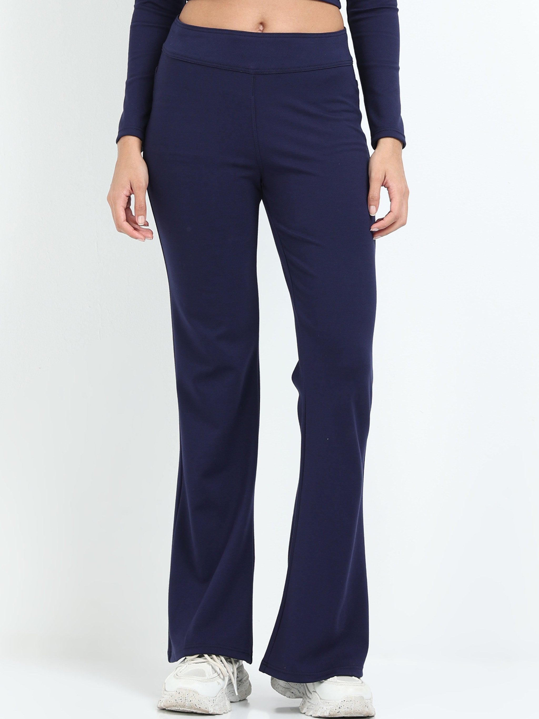 Yellowcrop navy flare pants, front view showing high-rise waistband