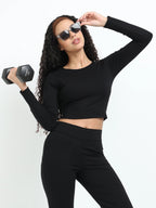 Black long sleeve crop top back view with matching leggings
