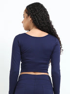Navy long sleeve crop top back view with matching leggings