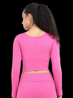 Pink long sleeve crop top back view with matching leggings