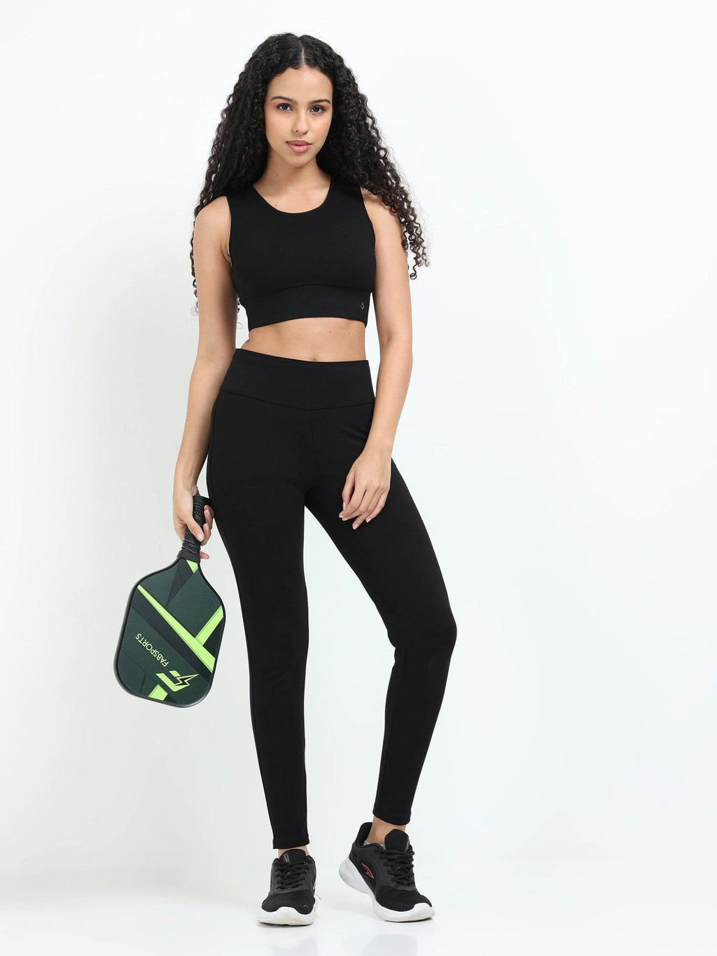 Black sculpt jegging side view showing high-rise waist and fitted leg