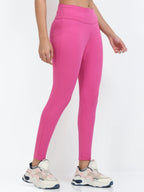 Yellowcrop pink sculpt jegging, front view showing high-rise waistband and fitted leg