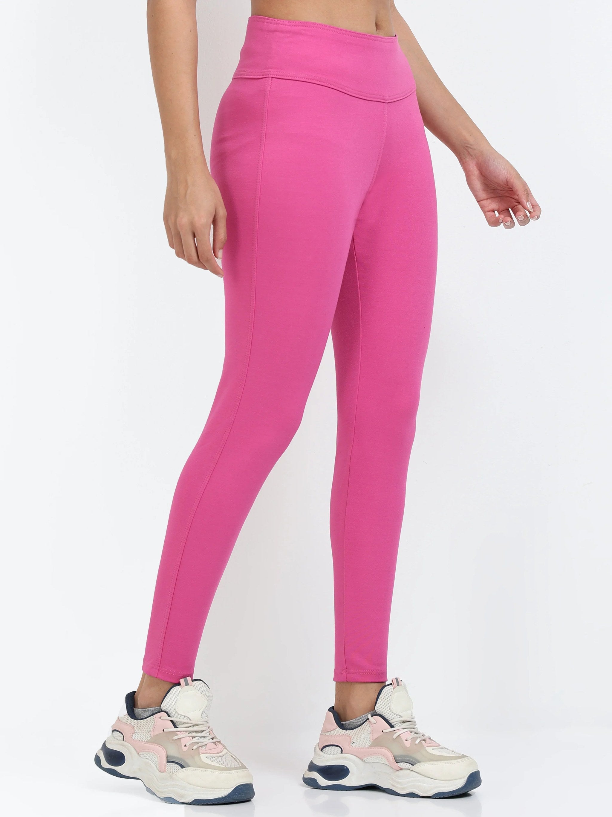 Yellowcrop pink sculpt jegging, front view showing high-rise waistband and fitted leg