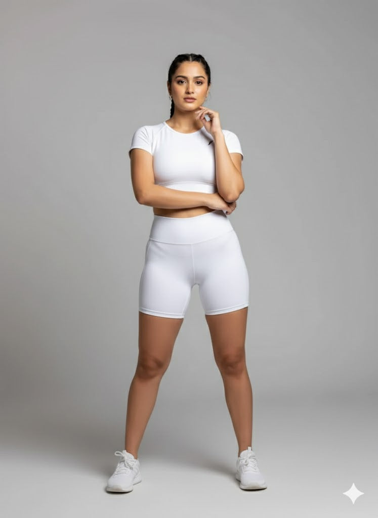 Yellowcrop white athletic shorts, front view on model