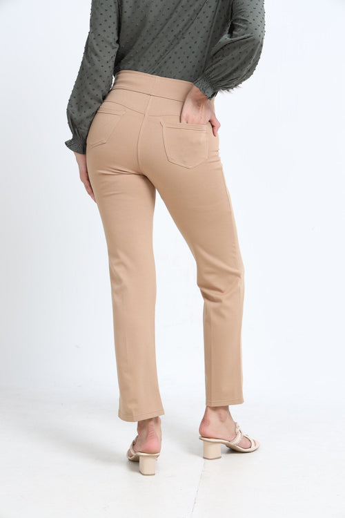 Khaki straight pants side view showing slim straight leg silhouette