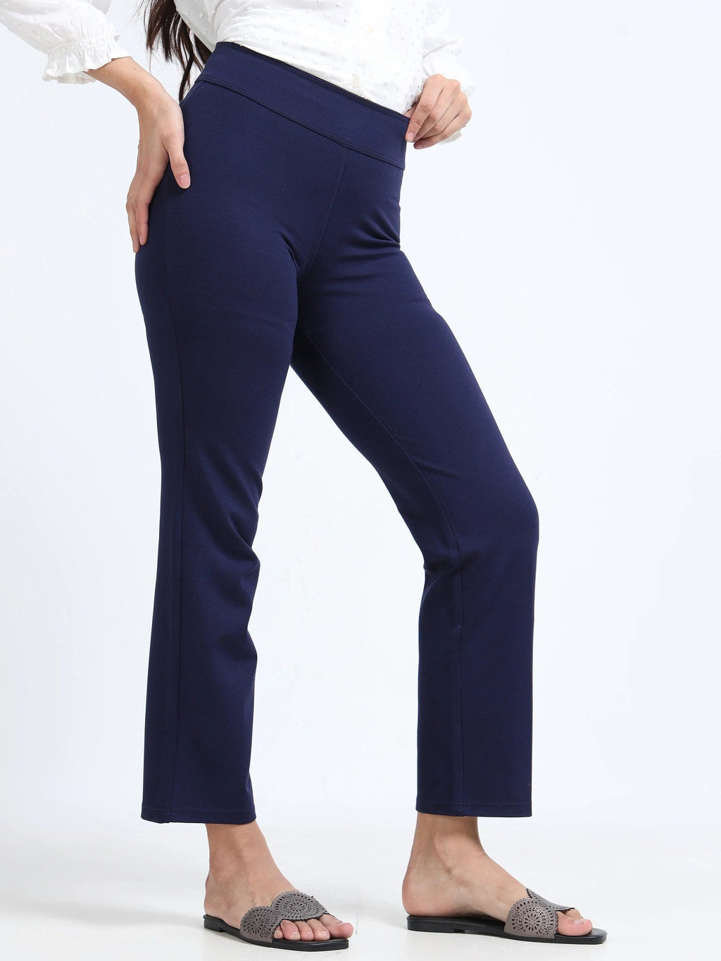 Navy straight pants side view showing slim straight leg silhouette